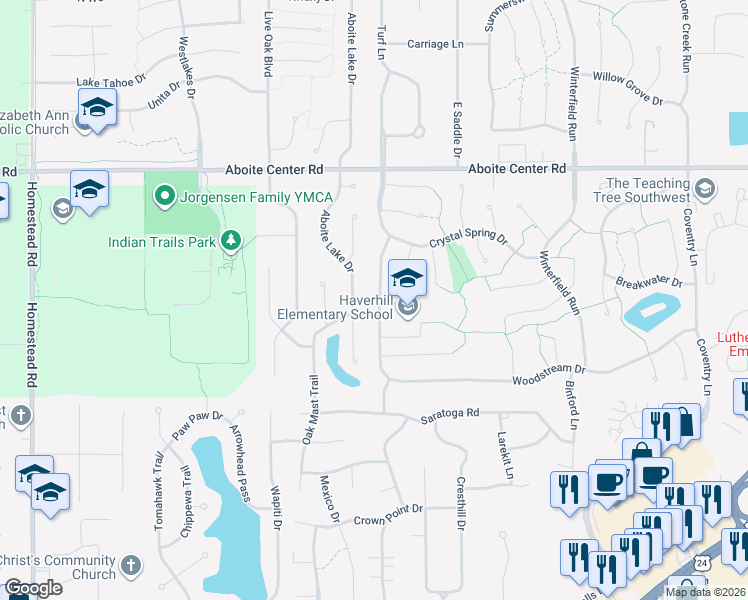 map of restaurants, bars, coffee shops, grocery stores, and more near 4611 Weatherside Run in Fort Wayne