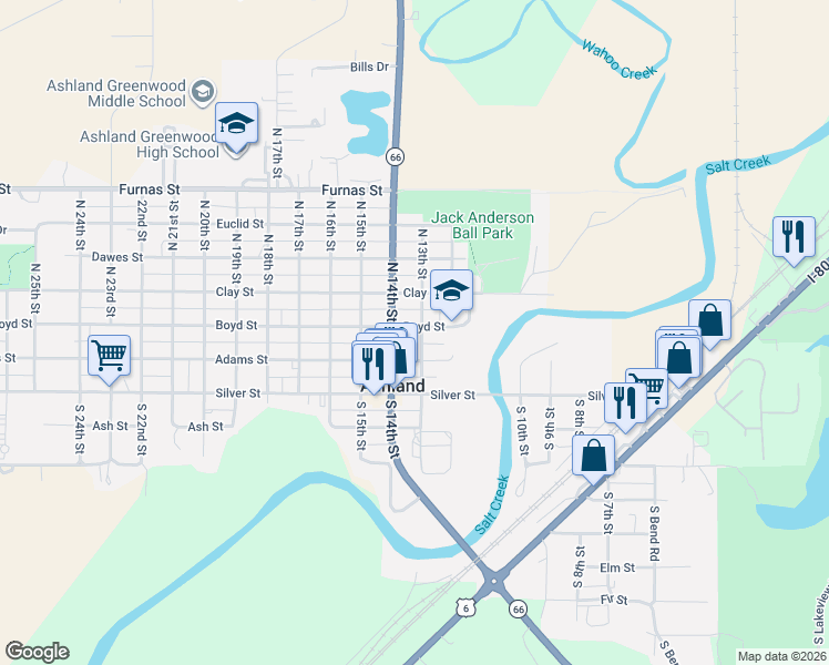 map of restaurants, bars, coffee shops, grocery stores, and more near 1302 Boyd Street in Ashland