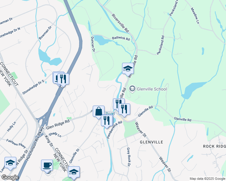 map of restaurants, bars, coffee shops, grocery stores, and more near 43 Angelus Drive in Greenwich