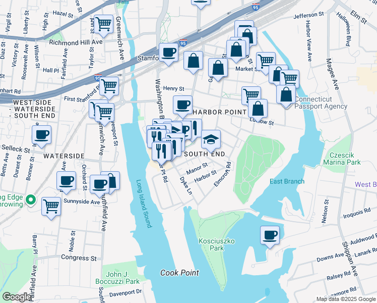 map of restaurants, bars, coffee shops, grocery stores, and more near 201 Commons Park South in Stamford