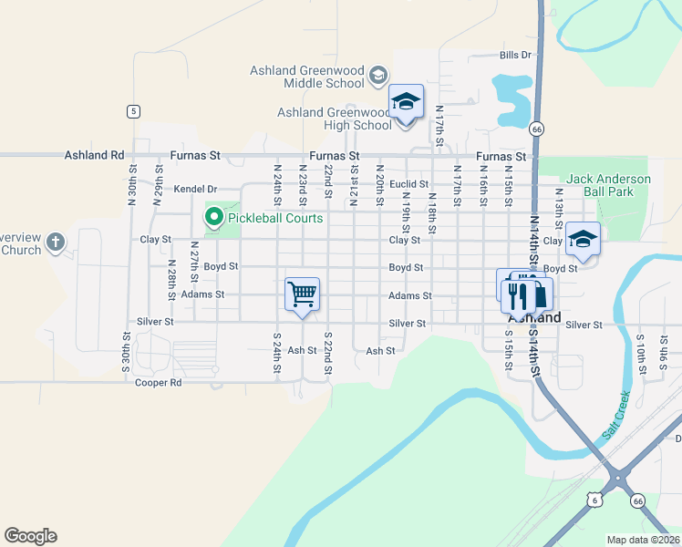 map of restaurants, bars, coffee shops, grocery stores, and more near 2142 Boyd Street in Ashland