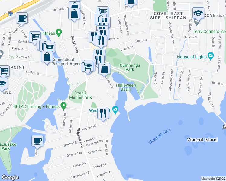 map of restaurants, bars, coffee shops, grocery stores, and more near 70 Seaview Avenue in Stamford