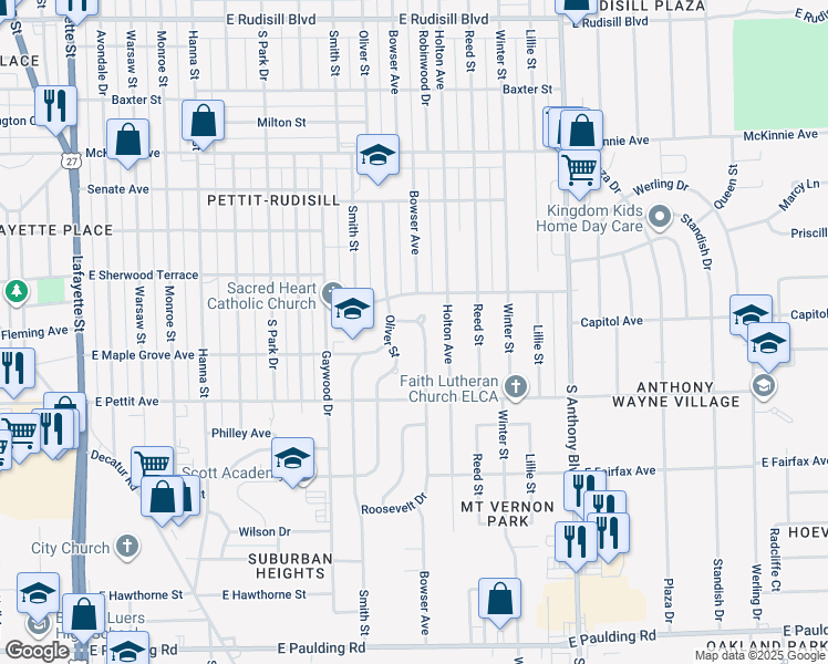 map of restaurants, bars, coffee shops, grocery stores, and more near 4730 Bowser Avenue in Fort Wayne