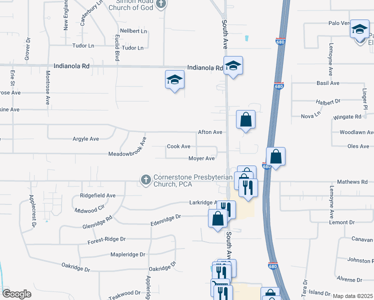 map of restaurants, bars, coffee shops, grocery stores, and more near 865 Cook Avenue in Youngstown
