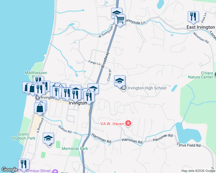 map of restaurants, bars, coffee shops, grocery stores, and more near 3 Riverview Road in Irvington