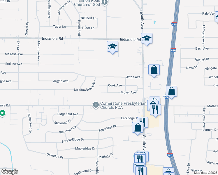 map of restaurants, bars, coffee shops, grocery stores, and more near 807 Cook Avenue in Youngstown
