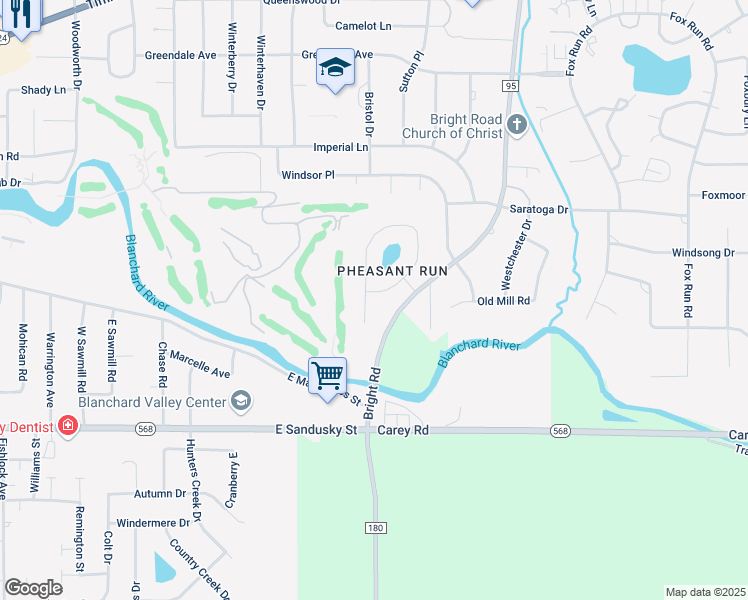 map of restaurants, bars, coffee shops, grocery stores, and more near 304 Pheasant Run Place in Findlay