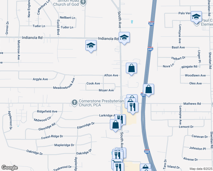 map of restaurants, bars, coffee shops, grocery stores, and more near 909 Cook Avenue in Youngstown