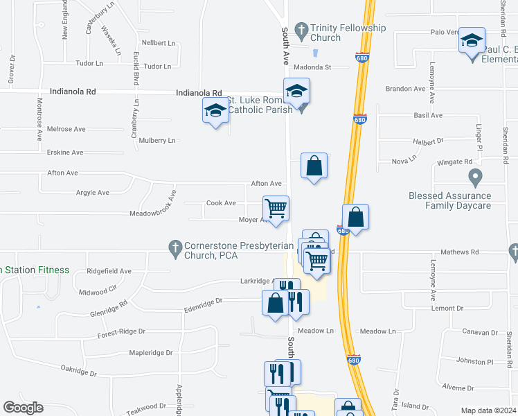 map of restaurants, bars, coffee shops, grocery stores, and more near 919 Cook Avenue in Youngstown