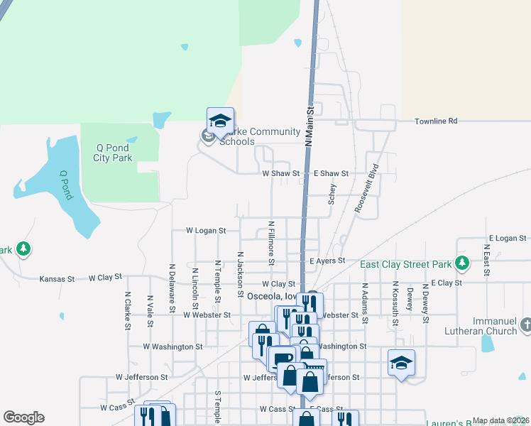 map of restaurants, bars, coffee shops, grocery stores, and more near 624 North Fillmore Street in Osceola