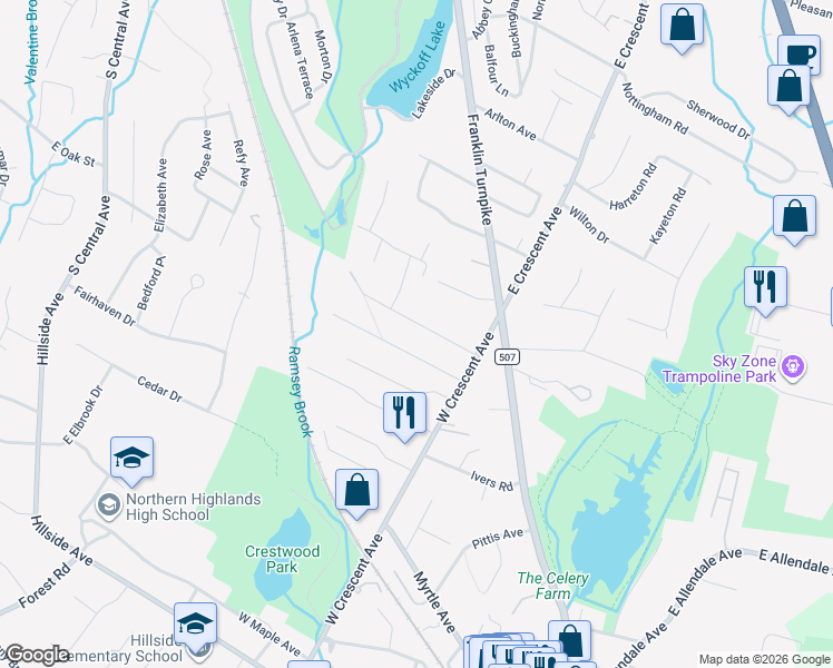 map of restaurants, bars, coffee shops, grocery stores, and more near 93 Heights Road in Allendale