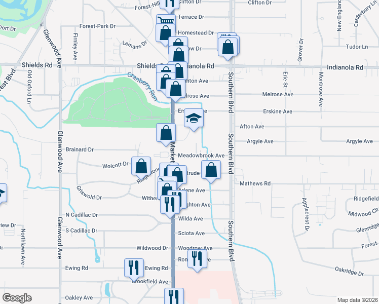 map of restaurants, bars, coffee shops, grocery stores, and more near 26 Meadowbrook Avenue in Youngstown