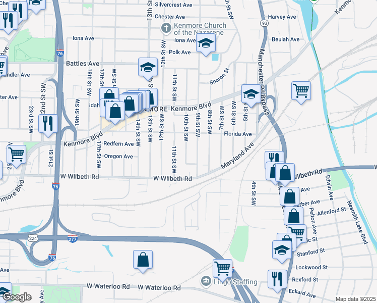 map of restaurants, bars, coffee shops, grocery stores, and more near 2295 10th Street Southwest in Akron