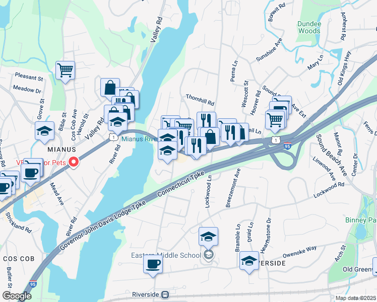 map of restaurants, bars, coffee shops, grocery stores, and more near 13 Riverside Lane in Greenwich