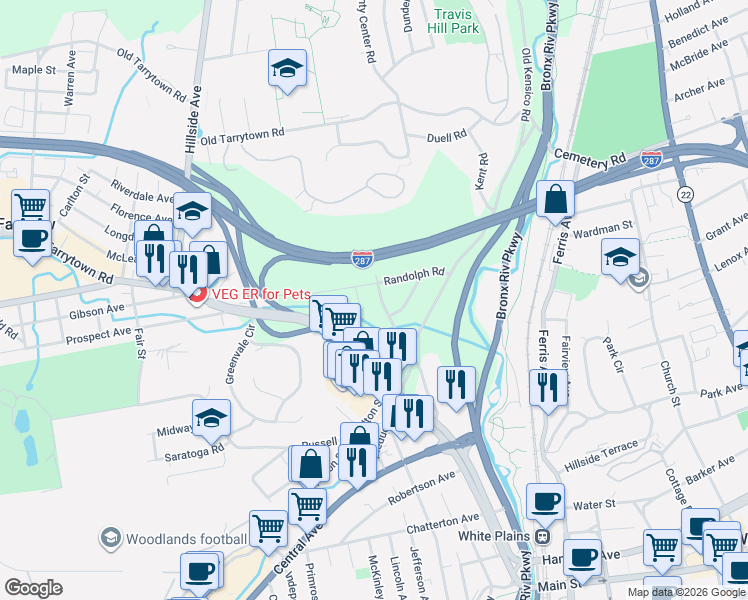 map of restaurants, bars, coffee shops, grocery stores, and more near 94 County Center Road in White Plains