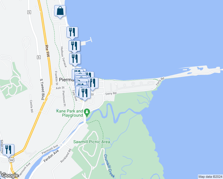 map of restaurants, bars, coffee shops, grocery stores, and more near 36 Gair Street in Piermont