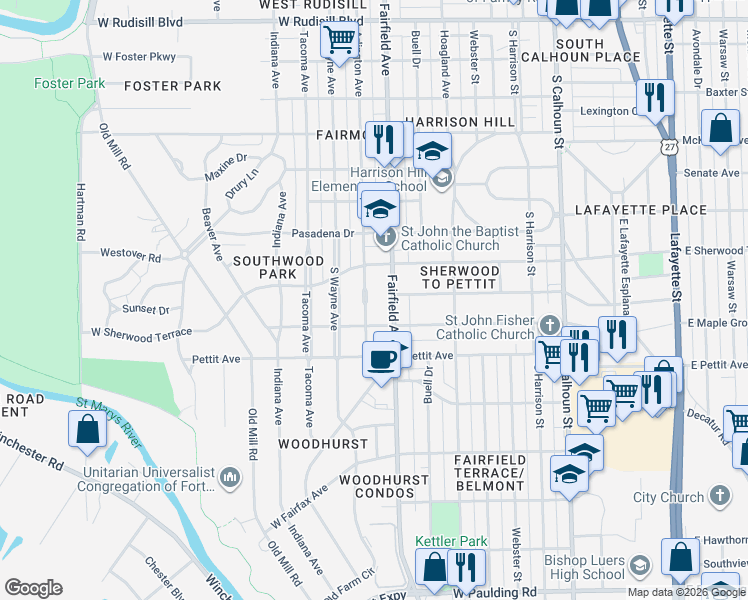map of restaurants, bars, coffee shops, grocery stores, and more near 4614 Fairfield Avenue in Fort Wayne