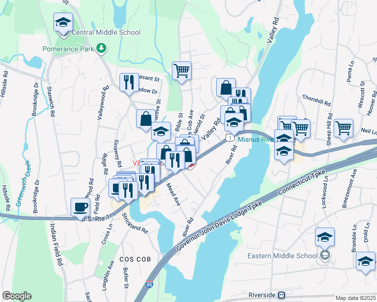 map of restaurants, bars, coffee shops, grocery stores, and more near 32 Valley Road in Greenwich