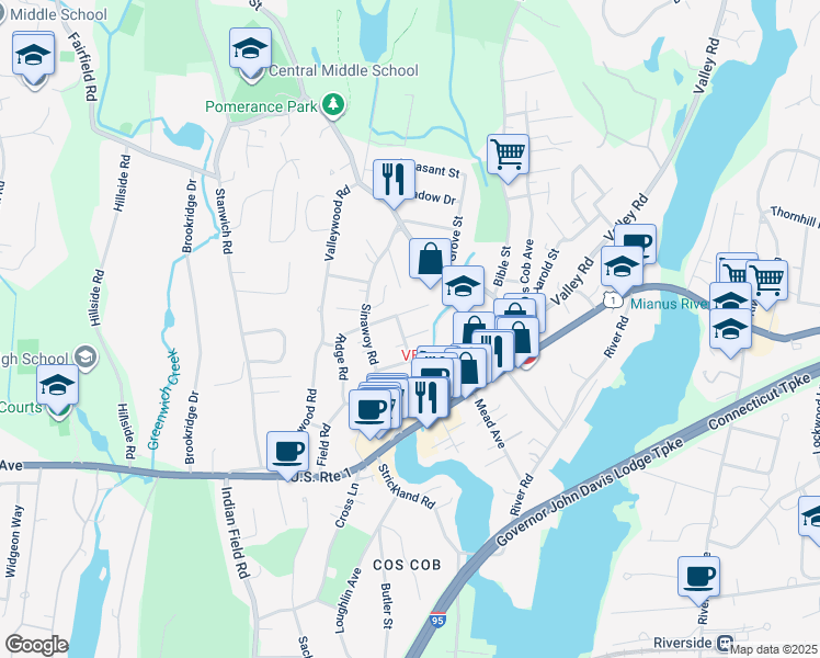 map of restaurants, bars, coffee shops, grocery stores, and more near 23 Tremont Street in Greenwich