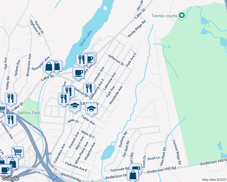 map of restaurants, bars, coffee shops, grocery stores, and more near 116 Park Avenue in Harrison