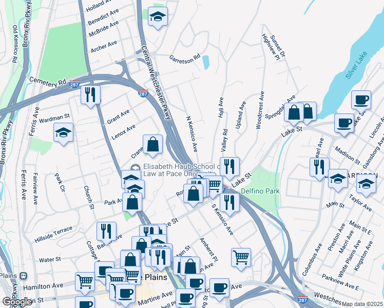 map of restaurants, bars, coffee shops, grocery stores, and more near 99 North Kensico Avenue in White Plains
