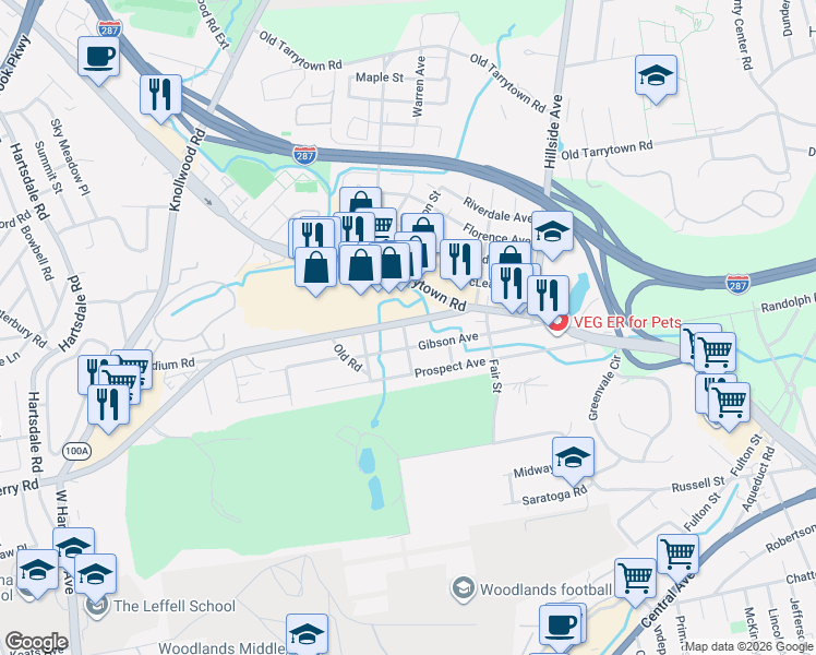map of restaurants, bars, coffee shops, grocery stores, and more near 56 Dobbs Ferry Road in White Plains
