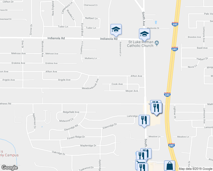 map of restaurants, bars, coffee shops, grocery stores, and more near 800 Cook Avenue in Youngstown