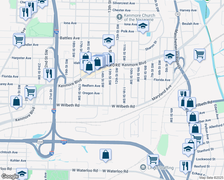 map of restaurants, bars, coffee shops, grocery stores, and more near 2280 12th Street Southwest in Akron
