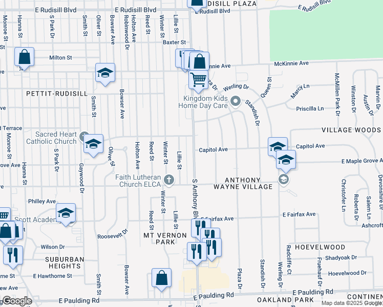 map of restaurants, bars, coffee shops, grocery stores, and more near 4715 South Anthony Boulevard in Fort Wayne