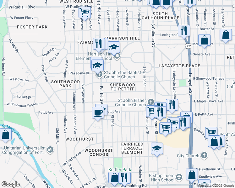map of restaurants, bars, coffee shops, grocery stores, and more near 346 West Fleming Avenue in Fort Wayne