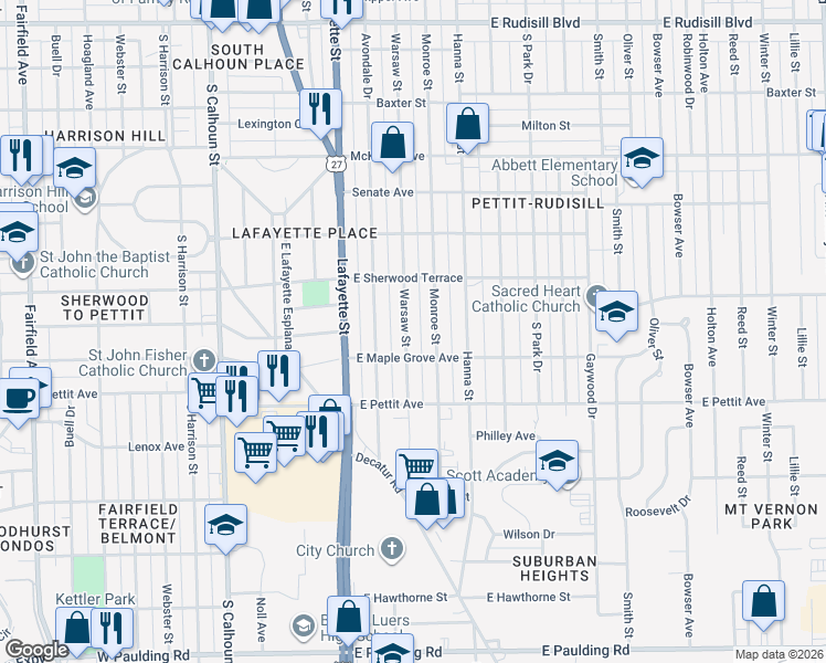 map of restaurants, bars, coffee shops, grocery stores, and more near 4711 Warsaw Street in Fort Wayne