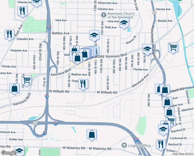 map of restaurants, bars, coffee shops, grocery stores, and more near 2280 12th Street Southwest in Akron