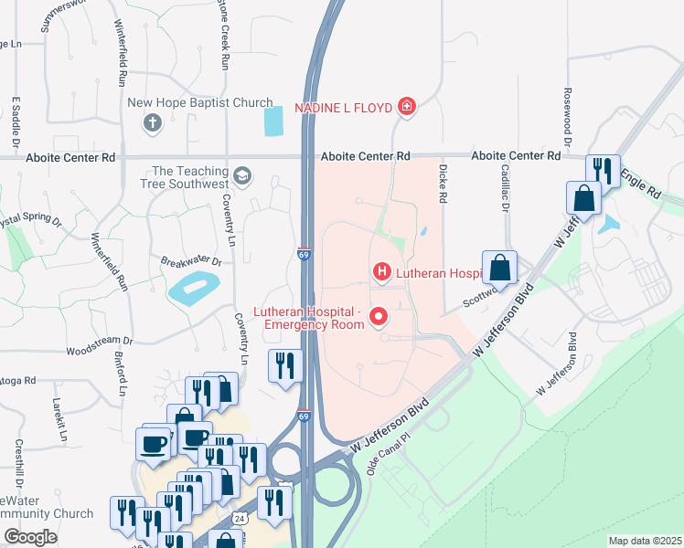 map of restaurants, bars, coffee shops, grocery stores, and more near 7920 West Jefferson Boulevard in Fort Wayne