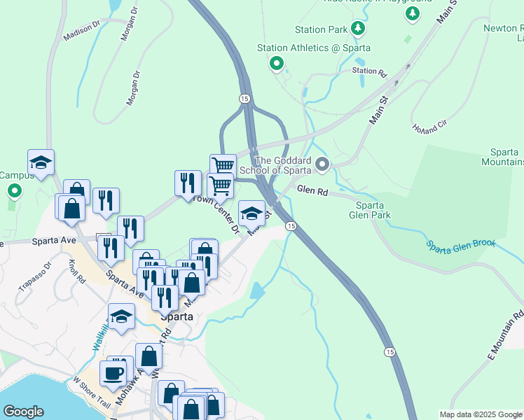 map of restaurants, bars, coffee shops, grocery stores, and more near 72 Main Street in Sparta Township