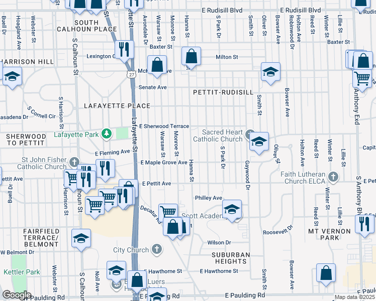 map of restaurants, bars, coffee shops, grocery stores, and more near 4702 Hanna Street in Fort Wayne