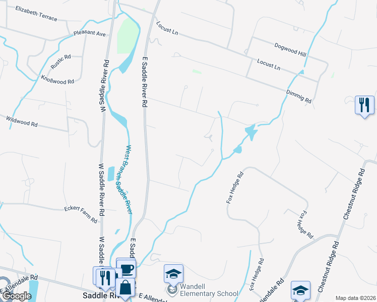 map of restaurants, bars, coffee shops, grocery stores, and more near 1 Red Rock Trail in Saddle River