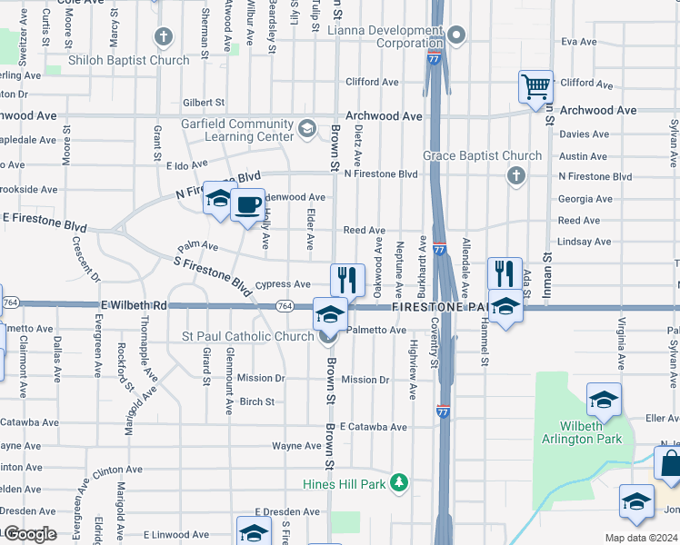 map of restaurants, bars, coffee shops, grocery stores, and more near 1489 Brown Street in Akron