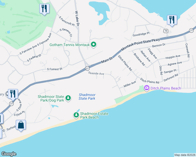 map of restaurants, bars, coffee shops, grocery stores, and more near 26 Seaside Avenue in Montauk