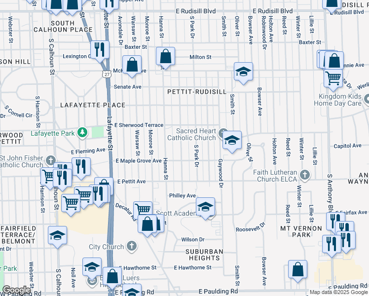map of restaurants, bars, coffee shops, grocery stores, and more near 4649 Weisser Park Avenue in Fort Wayne