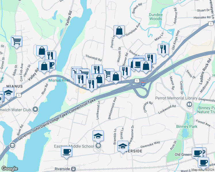 map of restaurants, bars, coffee shops, grocery stores, and more near 5 Sheep Hill Road in Greenwich