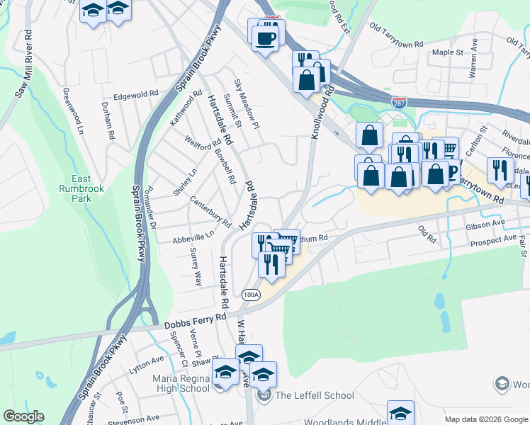 map of restaurants, bars, coffee shops, grocery stores, and more near 24 Old Knollwood Road in White Plains
