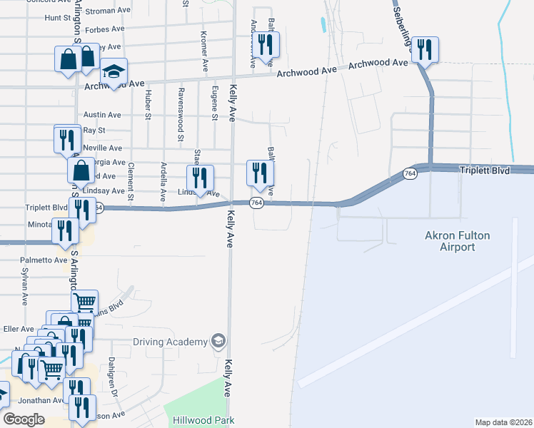 map of restaurants, bars, coffee shops, grocery stores, and more near 1300 Triplett Boulevard in Akron