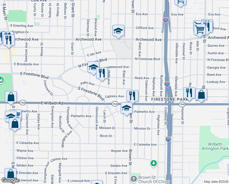 map of restaurants, bars, coffee shops, grocery stores, and more near 391 Palm Avenue in Akron