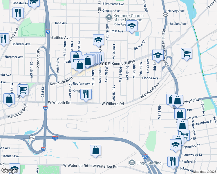 map of restaurants, bars, coffee shops, grocery stores, and more near 2280 12th Street Southwest in Akron