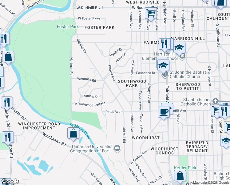 map of restaurants, bars, coffee shops, grocery stores, and more near 4643 Old Mill Road in Fort Wayne