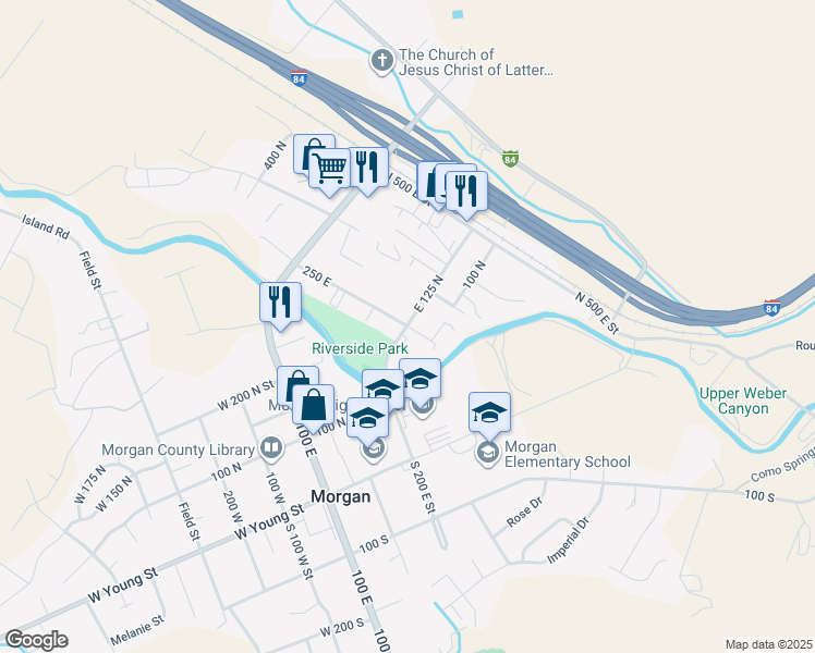 map of restaurants, bars, coffee shops, grocery stores, and more near 180 E 125 N in Morgan