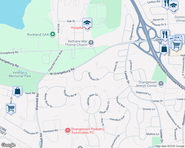 map of restaurants, bars, coffee shops, grocery stores, and more near 24 Dutchess Drive in Orangeburg