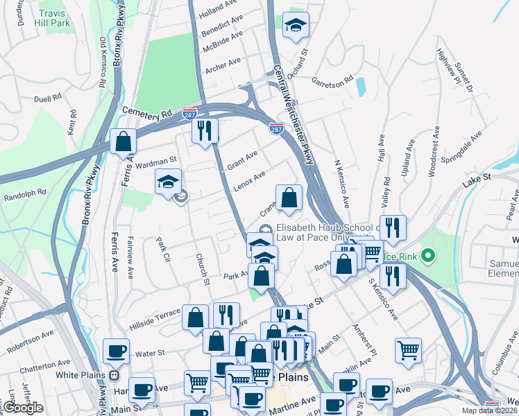 map of restaurants, bars, coffee shops, grocery stores, and more near 26 Crane Avenue in White Plains