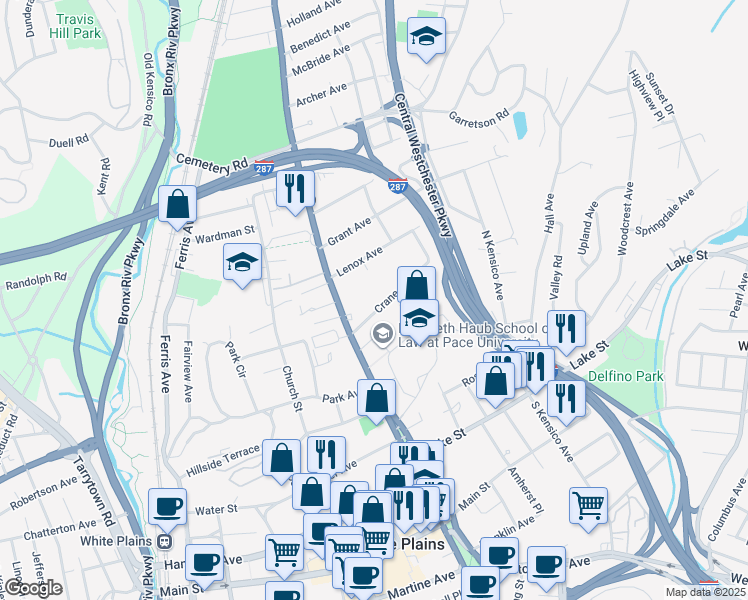 map of restaurants, bars, coffee shops, grocery stores, and more near 18 Crane Avenue in White Plains