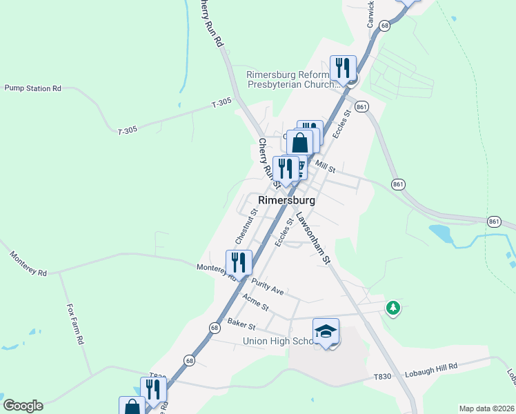 map of restaurants, bars, coffee shops, grocery stores, and more near 418-496 Chestnut Street in Rimersburg